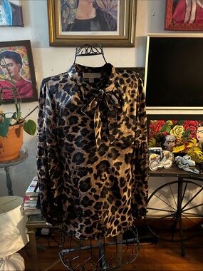 MICHAEL Michael Kors Leopard-Print Tie-Neck Blouse in Brown and Black